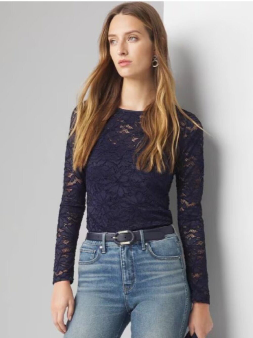 BRAND NEW: Navy Lace Long Sleeve Top | White House Black Market | XS